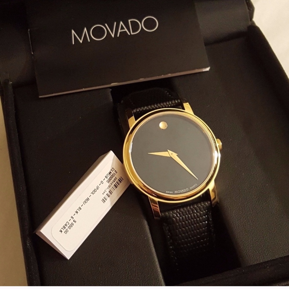 NIB Movado Black Leather Watch